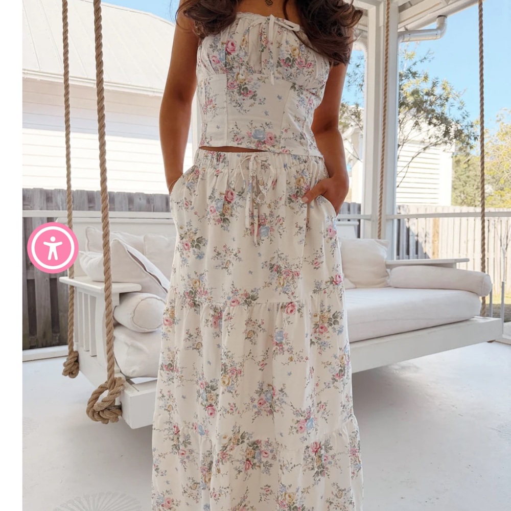 White floral linen tube top and maxi skirt set